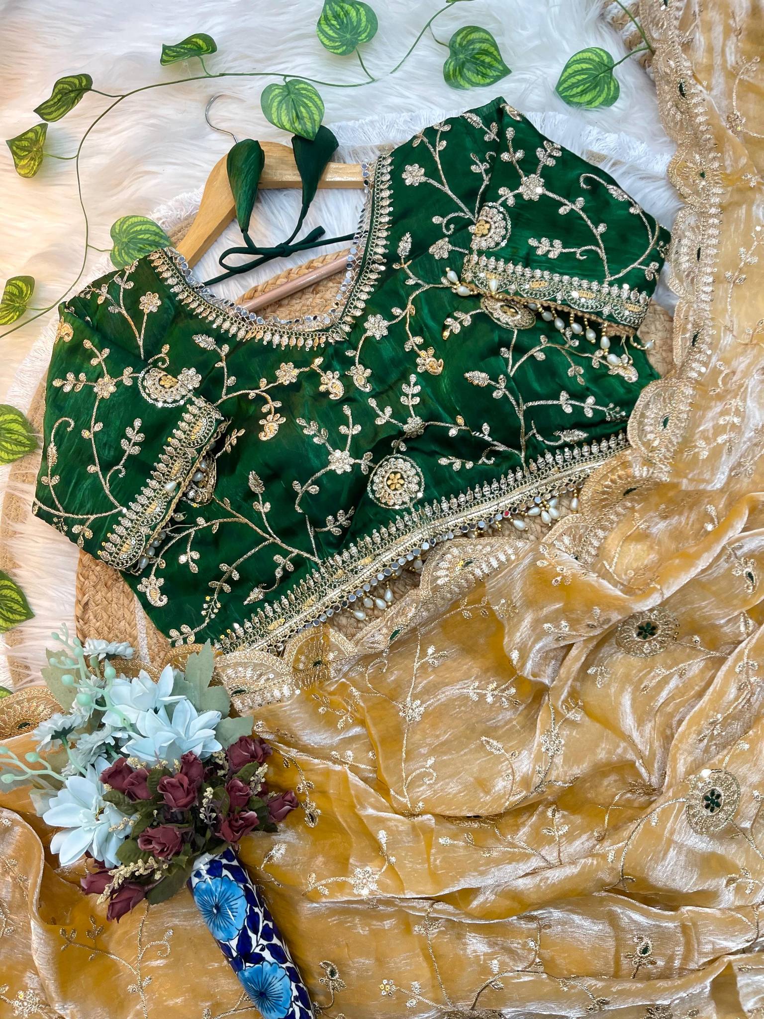 Yellow Elegant Fendy Satin Silk Saree with Dark Green Heavy Embroidered Border & Cutwork Blouse